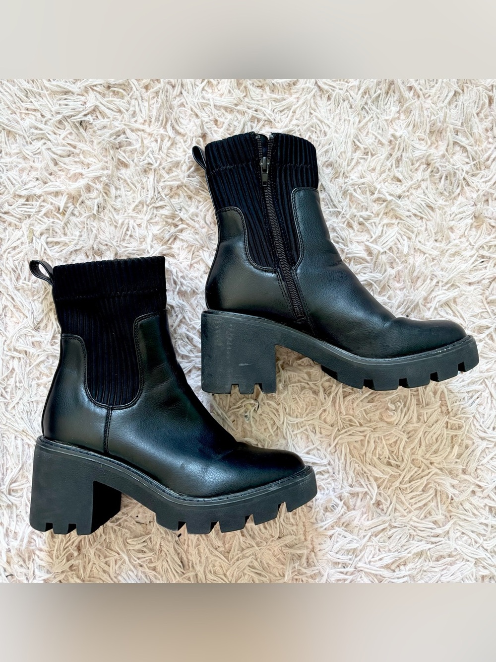 Black Chunky Lug-Heel Ankle Boots with Knit Collar